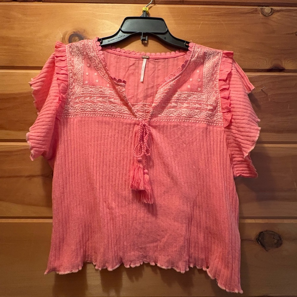 Free People Pink Textured Tassel Peasant Top short like crop